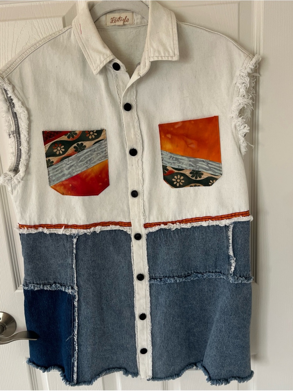 Women’s White & Blue Upcycled Patchwork Denim Sleeveless Shirt Size M